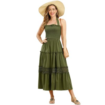ABEWIP Women Boho Summer Maxi Dress Halter Neck Ruffle Smocked Tiered Long Beach Casual Flowy Sun Dresses Green L