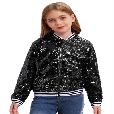 Hularka Kids Girls Sequins Bomber Jacket Long Sleeve Party Glitter Baseball Jackets Zip Up Coat Sparkle Outerwear Black 16 Years