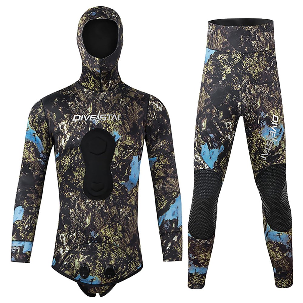 3MM Neoprene Spearfishing Wetsuit with Hooded, 2 Pieces Camouflage Hunting Diving Suit Color Can Change with The Environment for Cool Water Freediving Snorkeling,L