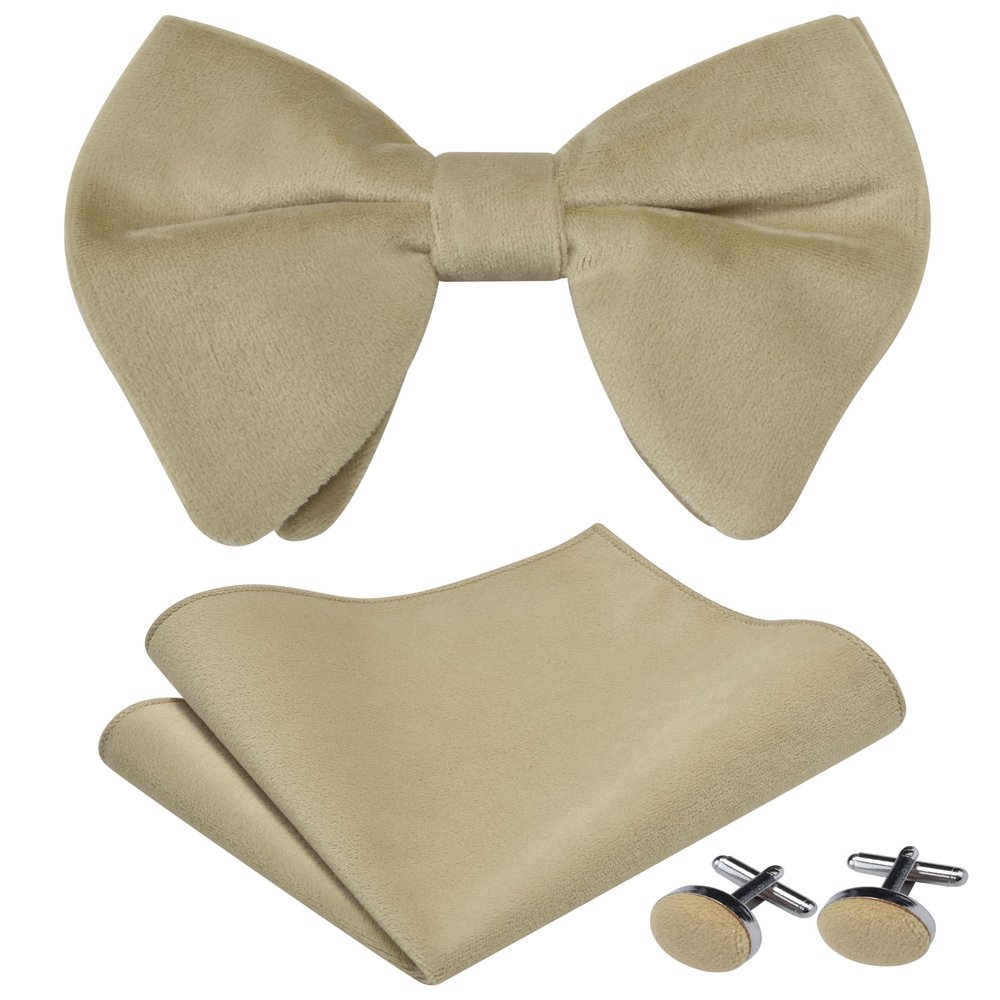 GUSLESON Over Size Khaki Bow Ties For Men Velvet Pre-tied Big Champagne Bowtie and Pocket Square Cufflinks Sets Adult Gifts (0571-30)