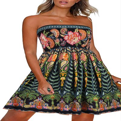 CHICGAL Women Strapless Dresses Casual Sundresses Tube Top Dress Beach Cover Up Hawaiian Bandeau Outfits(Boho Green Tree,XL)
