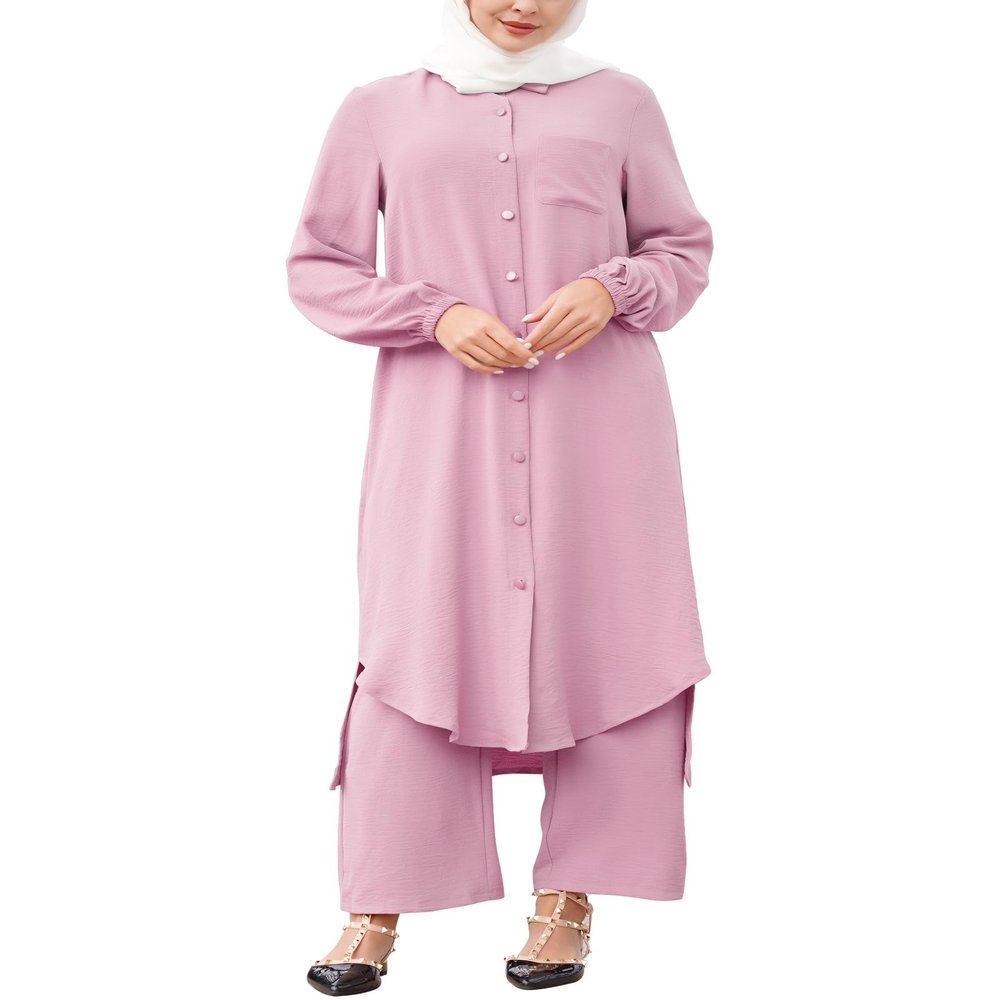 Abayas for Women Muslim 2 Pieces Sets Long Sleeve Button Down Shirt and Pants Abaya Dubai Islamic Caftan Casual Clothes Turkey kaftans Prayer Dress Arabian Robe Ramadan Outfits