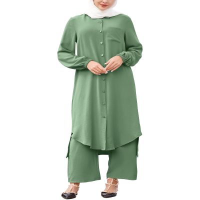 Abayas for Women Muslim 2 Pieces Sets Long Sleeve Button Down Shirt and Pants Abaya Dubai Islamic Caftan Casual Clothes Turkey kaftans Prayer Dress Arabian Robe Ramadan Outfits