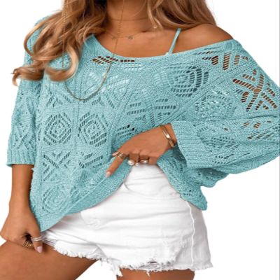 Dokotoo Womens Fashion Ladies Spring Summer Scoop Neck 3/4 Short Sleeve Crochet Top 2026 Pullover Sweaters Work Business Loose Shirts Beach Cover Ups for Women Light Blue Small