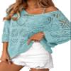 Dokotoo Womens Fashion Ladies Spring Summer Scoop Neck 3/4 Short Sleeve Crochet Top 2026 Pullover Sweaters Work Business Loose Shirts Beach Cover Ups for Women Light Blue Small view 1