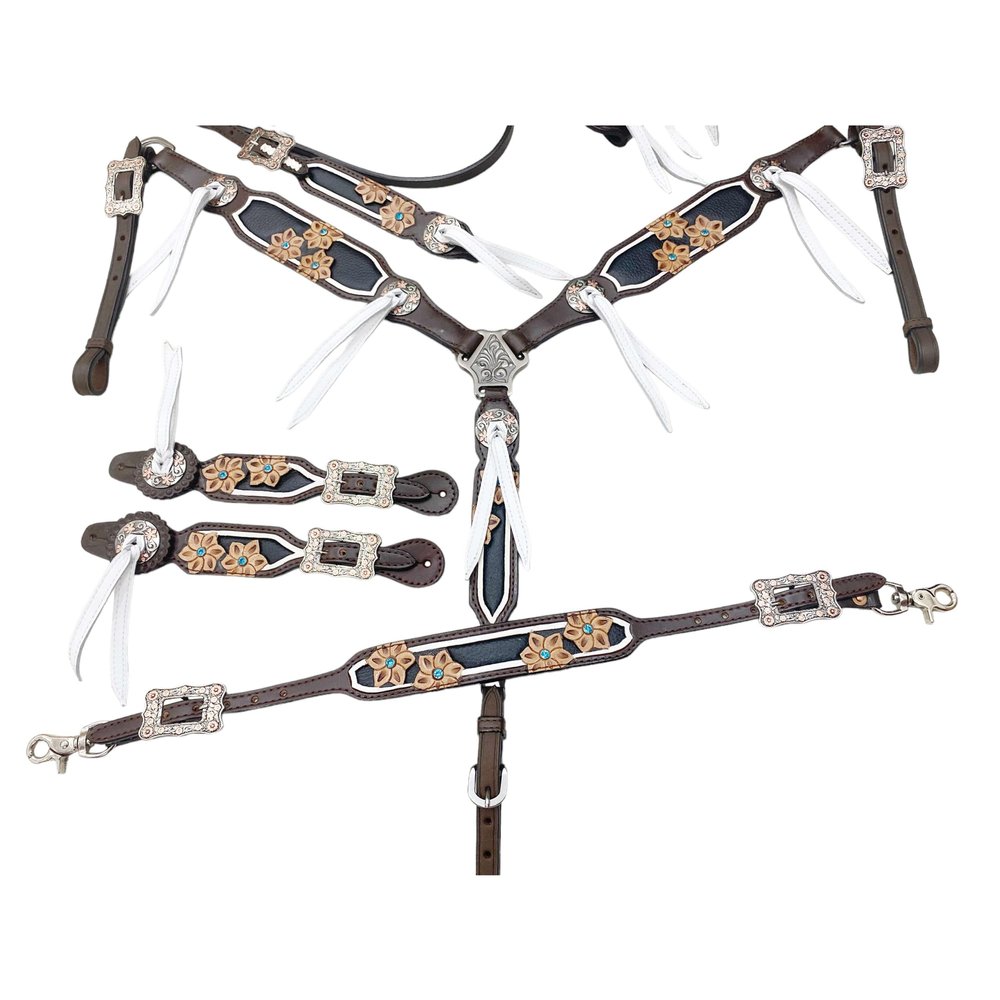 MOUSM Genuine Argentina Cow Leather Headstall Breast CollarSet Decorated with Flower Carving and White String.