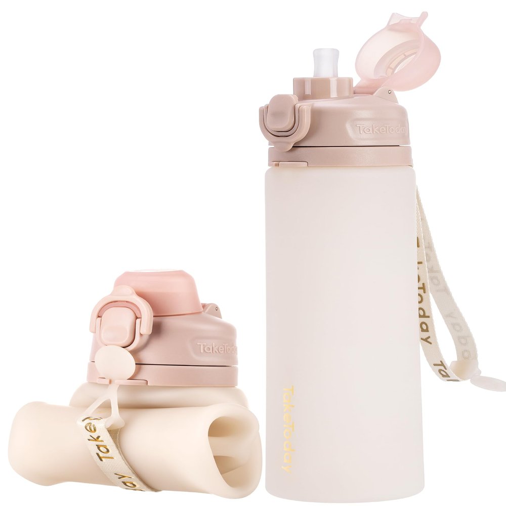 TakeToday Collapsible Water Bottles 20oz, Leak Proof, BPA-Free, Foldable Silicone Travel Water Bottle with Straw Strap for Cycling, Hiking, Outdoors