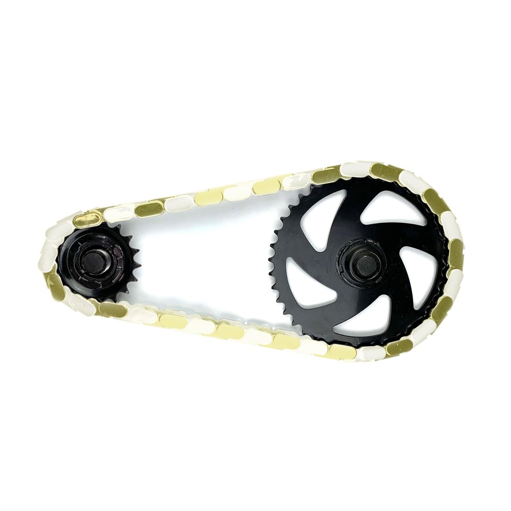 Insane Chains Bicycle Chain Cover  Protects Your Clothing Against Chain Lube and Adds Style - Easy Installation  No Tools Required  Single-Speed or Fixed-Gear Bikes Only (Gold-White, Adult)