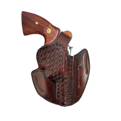 Leather Belt Holster fits Taurus 856 Defender or Model 605 692, Basket Weave Handcrafted, 3 Slot Pancake, Thumb Break, Right Handed, PulsarHolster (Brown, Taurus Model 692 4" Barrel)