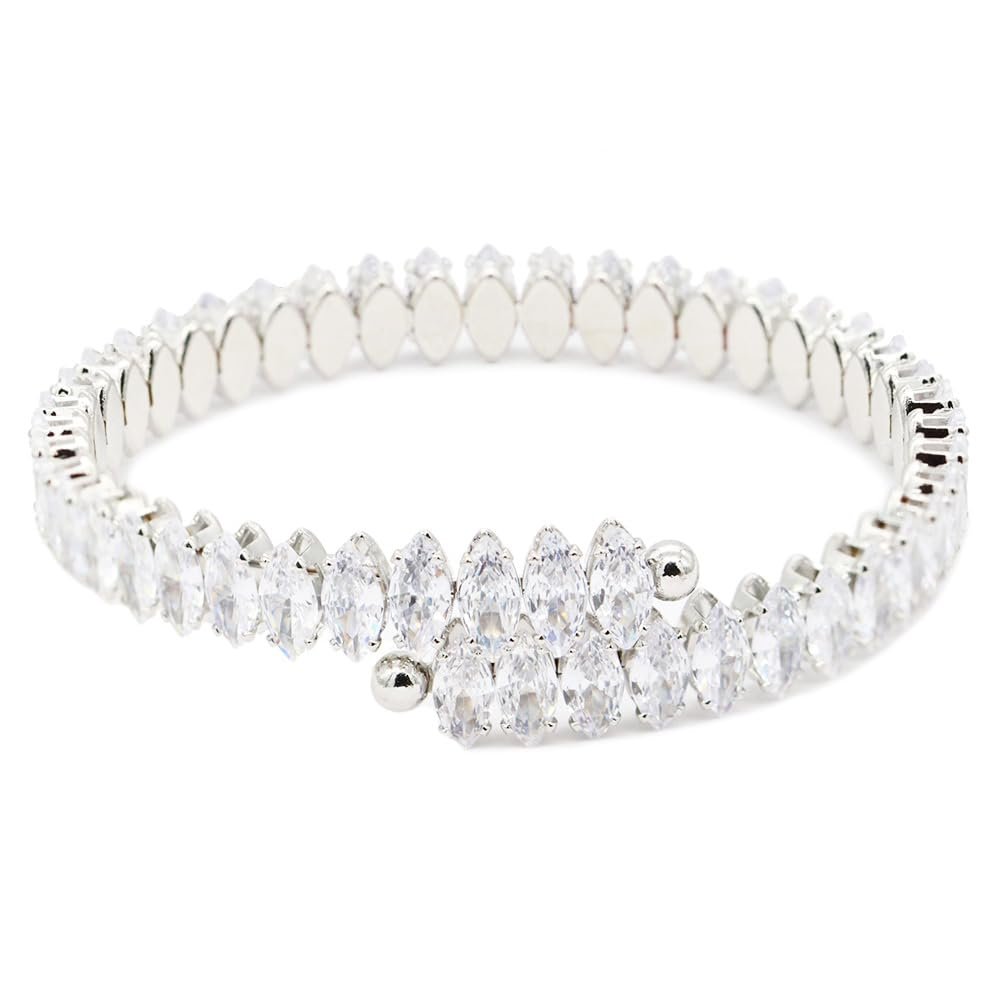 Lavencious Rhodium Plated With Clear Marquise CZ Stainless Steel Cuff Bracelets for Women Size Adjustable for 6" to 8" (Silver Clear)