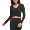 Hanes Women's Originals Rib Shirred Crop Top, Long Bell Sleeve Shirt, Lettuce Edge Hem view 1