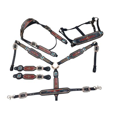 MOUSM Genuine Argentina Cow Leather Headstall Breast CollarSet Decorated with Hand Tooled and Carving and Multicolour Conchos