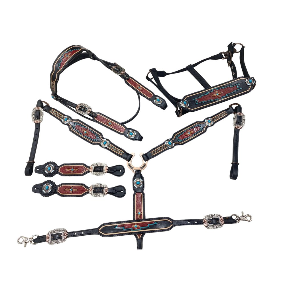 MOUSM Genuine Argentina Cow Leather Headstall Breast CollarSet Decorated with Hand Tooled and Carving and Multicolour Conchos