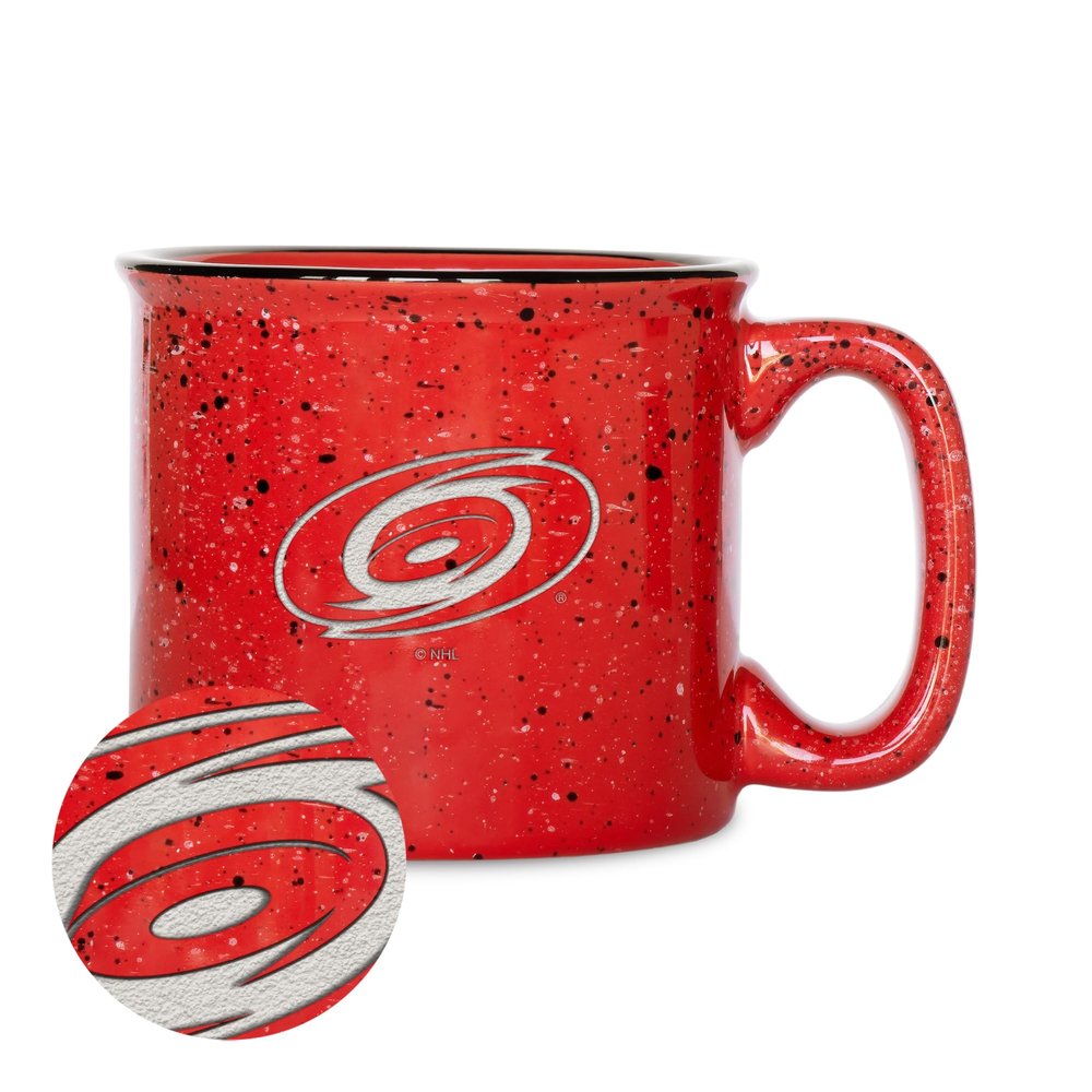 Rico Industries NHL Hockey Carolina Hurricanes Red Speckle 12oz Laser Engraved Campfire Mug