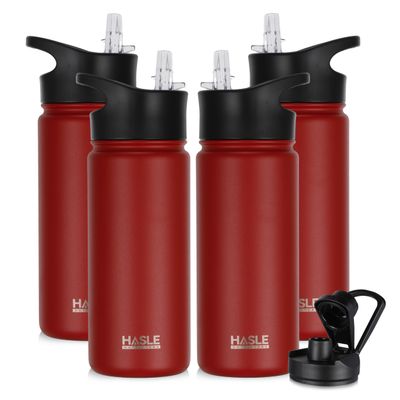 HASLE OUTFITTERS Insulated Water Bottle 16 oz Double Wall Vacuum Stainless Steel Water Bottle Leak Proof for School Wide Mouth with Straw Lid & Spout Lid Keeps Cold and Hot(Red,4pack)