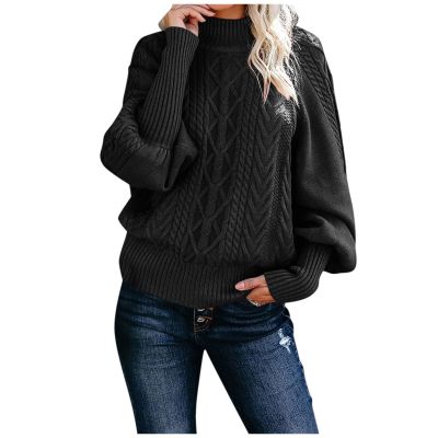 ZYXTIM Womens Turtleneck Chunky Knit Sweater Long Sleeve Pointelle Knitted Slouchy Warm Fall Pullover Jumper Tops Black