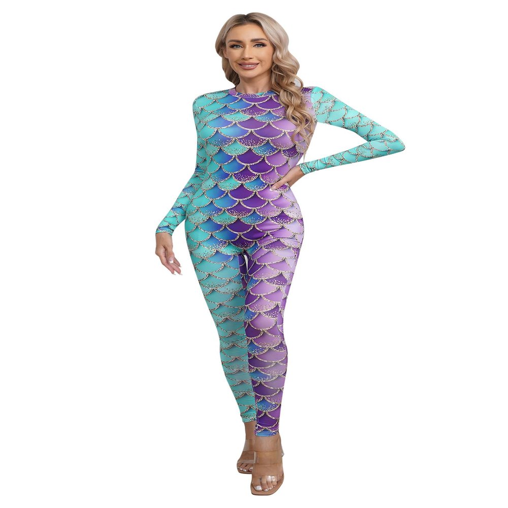 Jugaoge Women's Long Sleeve One Piece Swimsuit Mermaid Scale Print Wetsuit Stretchy Bathing Suit Type D X-Large