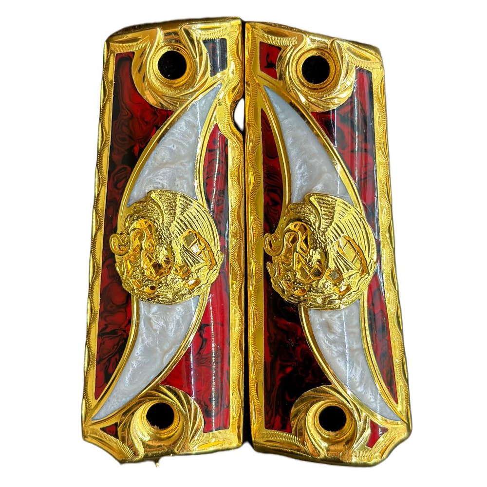 Grips for Colt 1911 Mexican Eagle Model with 24k Gold Plated and Red,White Resin Includes Screws