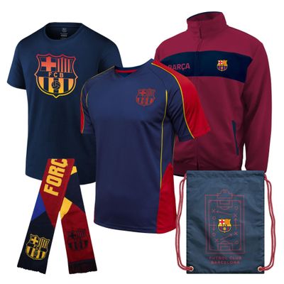 Icon Sports FC Barcelona Ultimate Fan Pack  Officially Licensed 5-Piece Soccer Merch - Shirt, Jersey, Jacket, Scarf, Bag L Navy