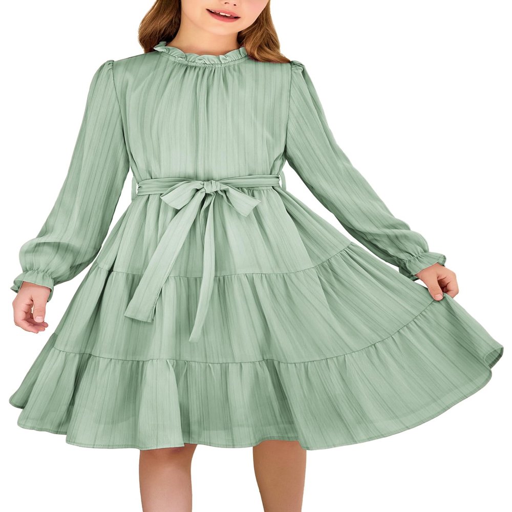 Arshiner Green Dress for Girls Long Sleeve Tween Spring Formal Wedding Midi Flowy Dresses 10-12