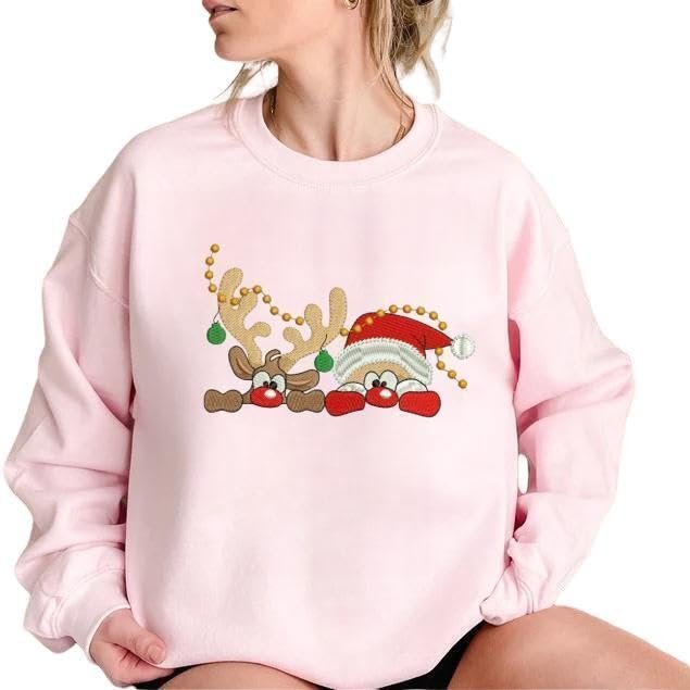 Santa Claus and Elk Embroidered Sweatshirt, Christmas Sweatshirt, Christmas Gift, Unisex, Beautifully Embroidered,Long Sleeve Crew Neck Sweatshirt (X-Large, Light Pink)