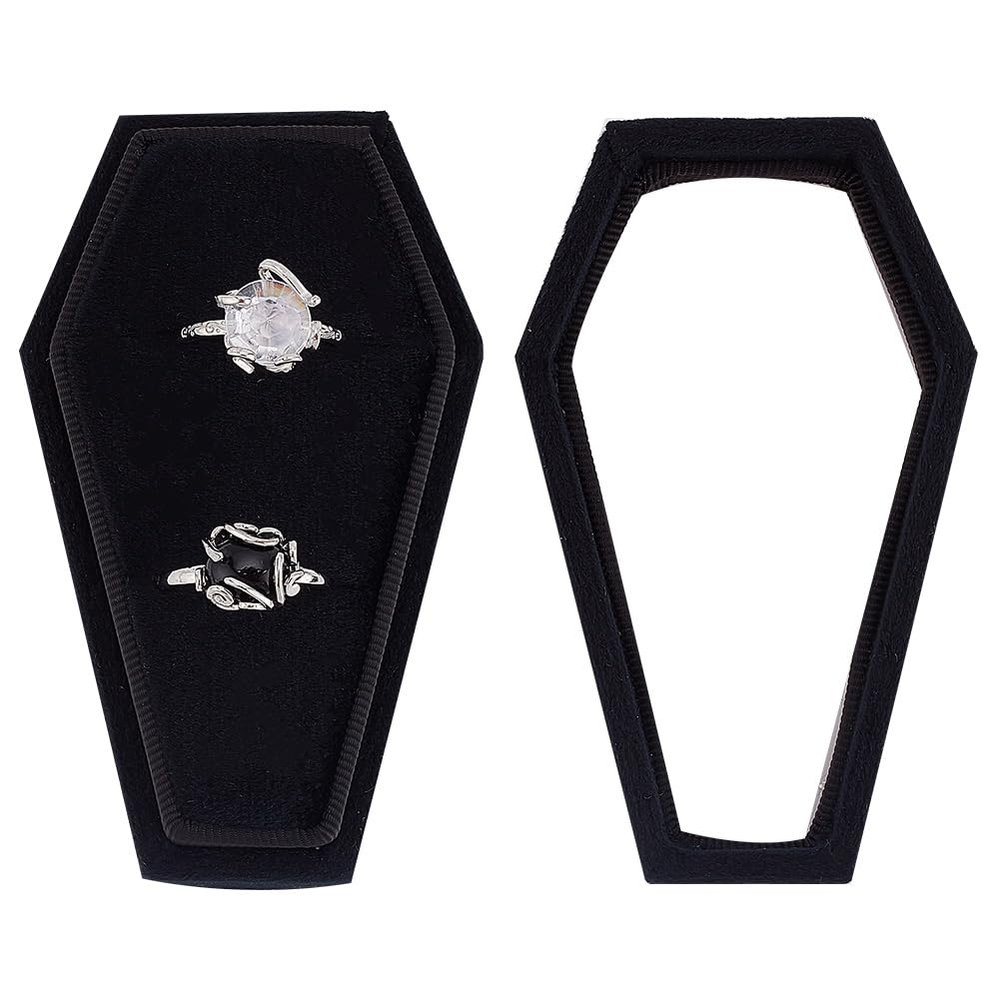 DELORIGIN Halloween Theme Jewelry Box Velvet Coffin Ring Box with Sponge Inside for Gothic Wedding Ceremony Gothic Jewelry Organizer Decorations (Black) (2/ Ring Box)