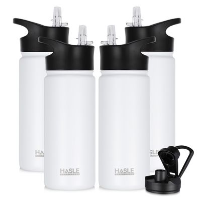 HASLE OUTFITTERS Insulated Water Bottle 16 oz Double Wall Vacuum Stainless Steel Water Bottle Leak Proof for School Wide Mouth with Straw Lid & Spout Lid Keeps Cold and Hot(White,4pack)