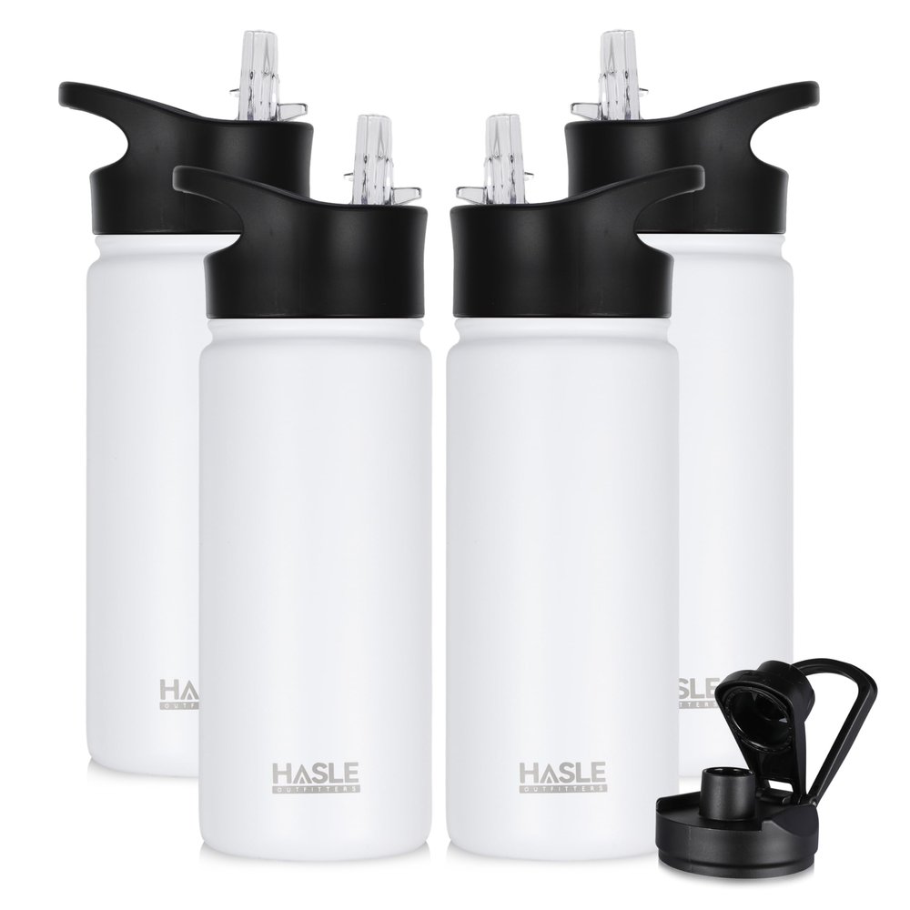 HASLE OUTFITTERS Insulated Water Bottle 16 oz Double Wall Vacuum Stainless Steel Water Bottle Leak Proof for School Wide Mouth with Straw Lid & Spout Lid Keeps Cold and Hot(White,4pack)