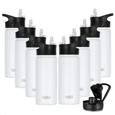 HASLE OUTFITTERS Insulated Water Bottle 16 oz Double Wall Vacuum Stainless Steel Water Bottle Leak Proof for School Wide Mouth with Straw Lid & Spout Lid Keeps Cold and Hot(White,8pack)