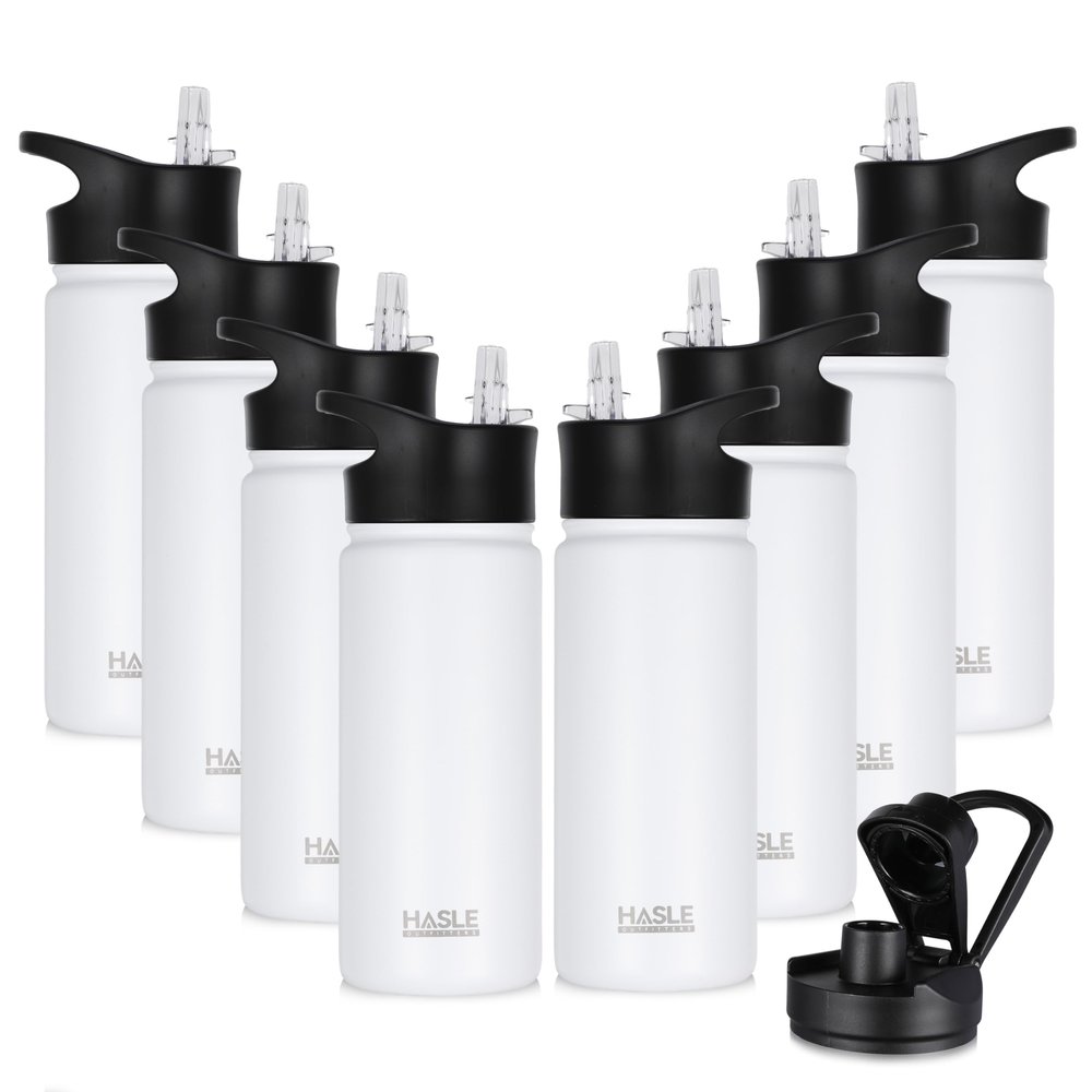 HASLE OUTFITTERS Insulated Water Bottle 16 oz Double Wall Vacuum Stainless Steel Water Bottle Leak Proof for School Wide Mouth with Straw Lid & Spout Lid Keeps Cold and Hot(White,8pack)
