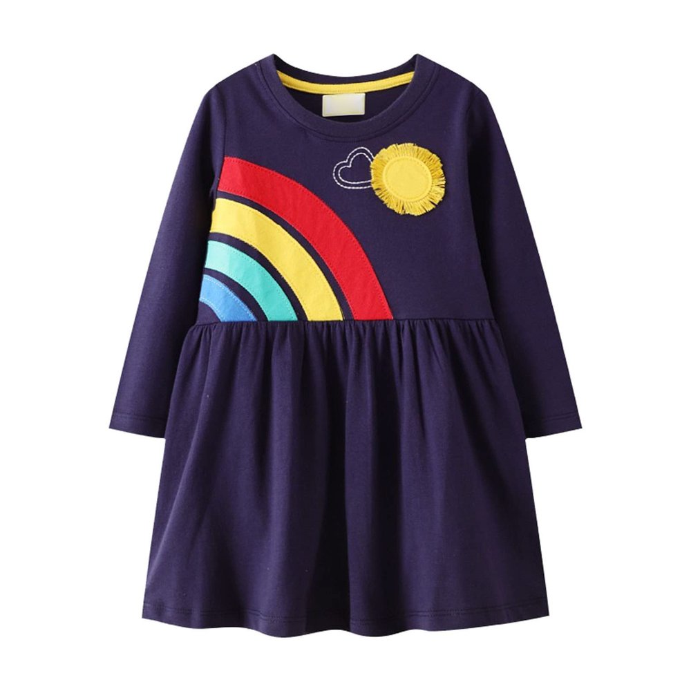 Toddler Girls Dresses Cotton Casual Long Sleeve Cartoon Appliques Dress Tunic Shirt Clothes (Dark Blue, 6-7 Years)