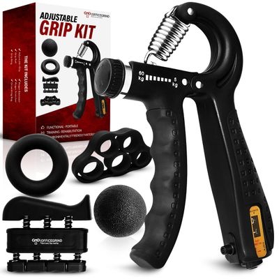Hand Strength Kit With Finger Exerciser, Stretcher, Forearm Grip Adjustable Gripper, Exercise Ring and Stress Relief Ball for Athletes Muscle Trainer. Black