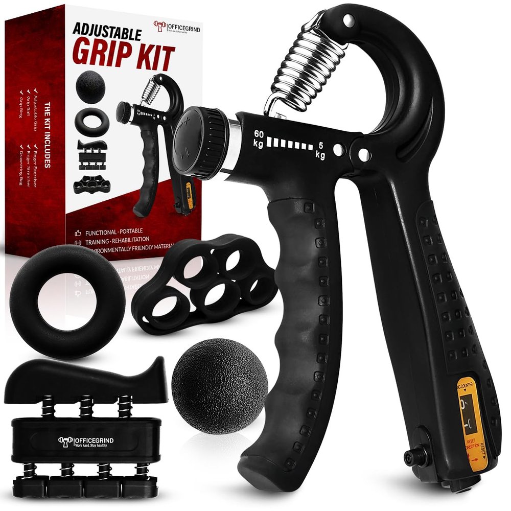 Hand Strength Kit With Finger Exerciser, Stretcher, Forearm Grip Adjustable Gripper, Exercise Ring and Stress Relief Ball for Athletes Muscle Trainer. Black