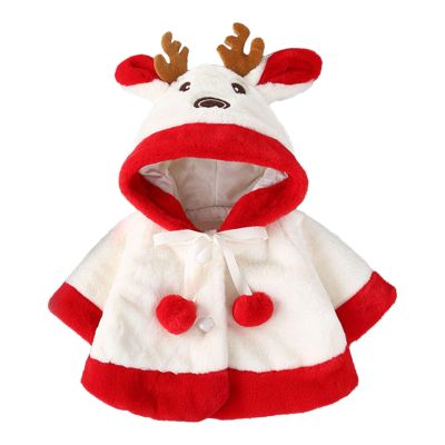 Baby Boy's Girl's Winter Cape Coat Hooded Cartoon Reindeer Round Neck Thick Buttons Warm Jacket (White, 6-12 Months)