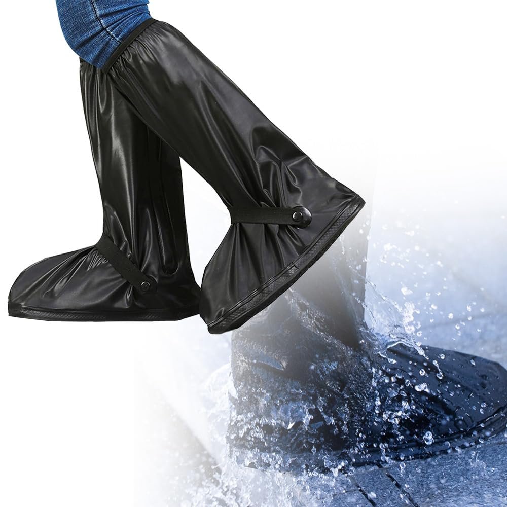 All Round Long Waterproof Rain Shoe Covers, Motorcycle rain Gear for Men Women Rain Footwear Cover with Reflector, Non-Slip PVC Rain Gear Reusable & Foldable Rain Boot Shoe Covers ( Color : Black#1 ,