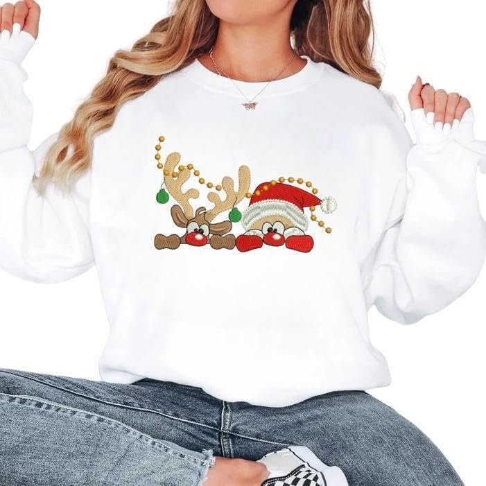 Santa Claus and Elk Embroidered Sweatshirt, Christmas Sweatshirt, Christmas Gift, Unisex, Beautifully Embroidered,Long Sleeve Crew Neck Sweatshirt (XXX-Large, White)