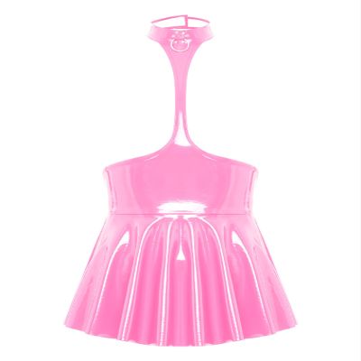 easyforever Women's Wet Look Leather Open Chest Mini Dress Halter Neck Ruffled Club Micro Dress Pink Large