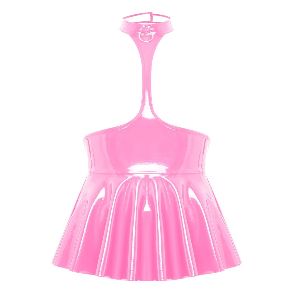 easyforever Women's Wet Look Leather Open Chest Mini Dress Halter Neck Ruffled Club Micro Dress Pink Large