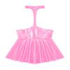 easyforever Women's Wet Look Leather Open Chest Mini Dress Halter Neck Ruffled Club Micro Dress Pink Large view 3