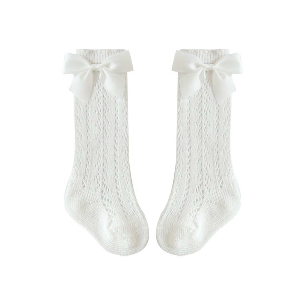 Baby Girls Knee High Socks Toddler Bow Mesh Breathable Dress Socks Kids Newborn Cotton Tube Ruffled (White, 3-5 Years)