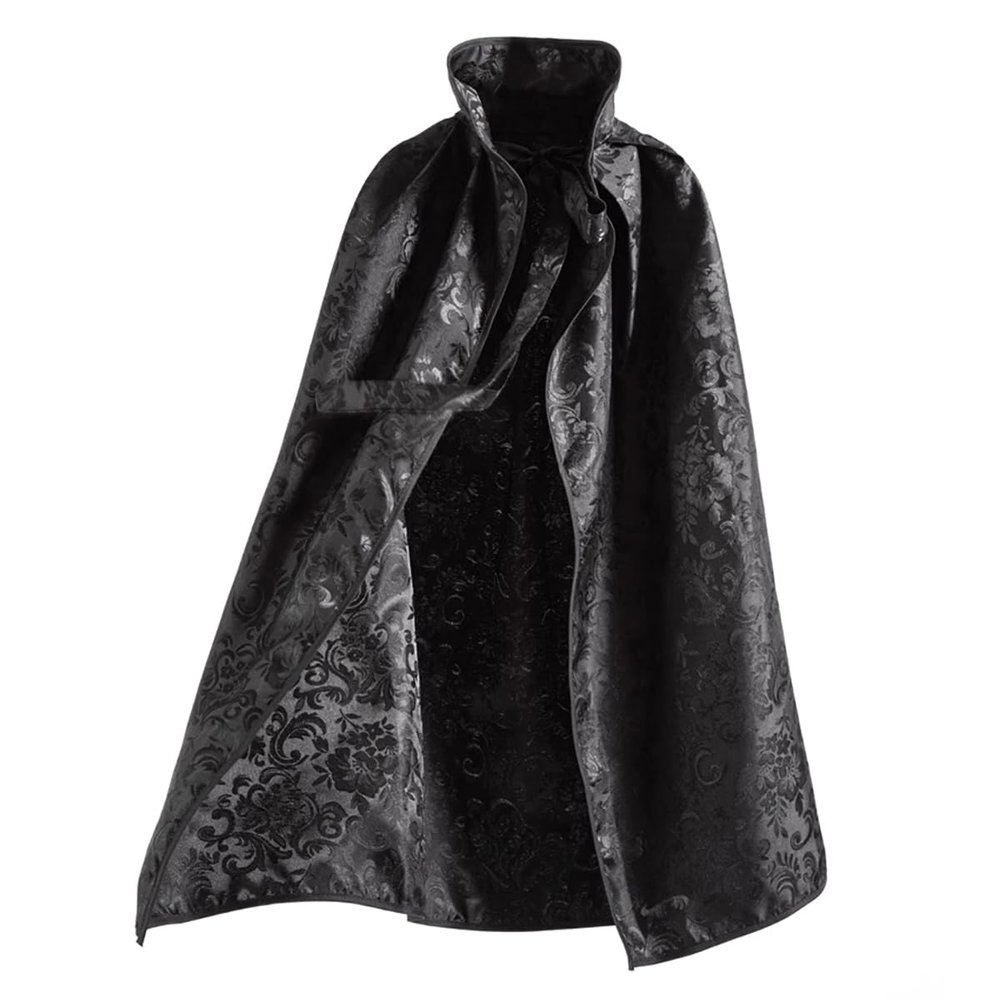 Black Brocade Stand Collar Gothic Cloak Hoodless Cape Hanfu Outwear Halloween Vampire Costume (926# Black, 140cm)