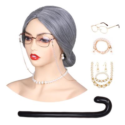 FantaLook Short Gray Old Lady Cosplay Wig with Glasses EyeGlasses Chain Earrings Necklace Bracelet and Inflatable Crutch for Women Grandma Costume for Halloween