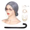 FantaLook Short Gray Old Lady Cosplay Wig with Glasses EyeGlasses Chain Earrings Necklace Bracelet and Inflatable Crutch for Women Grandma Costume for Halloween view 1