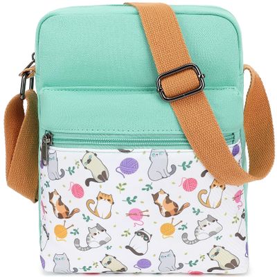 Leaper Cute Cat Messenger Bag Small Canvas Crossbody Bag and Purse Set for Women (SD17-Water Blue)