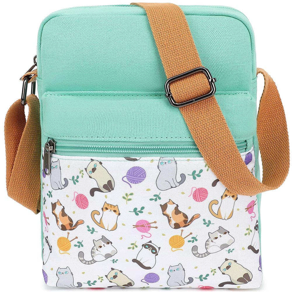 Leaper Cute Cat Messenger Bag Small Canvas Crossbody Bag and Purse Set for Women (SD17-Water Blue)