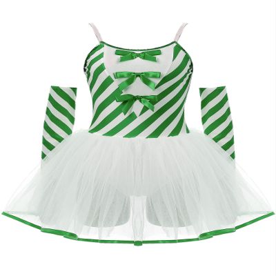 FEESHOW Womens Christmas Candy Cane Costume Spaghetti Straps Bowknot Tutu Dress Leotard Skating Dance Unitard Green X-Large