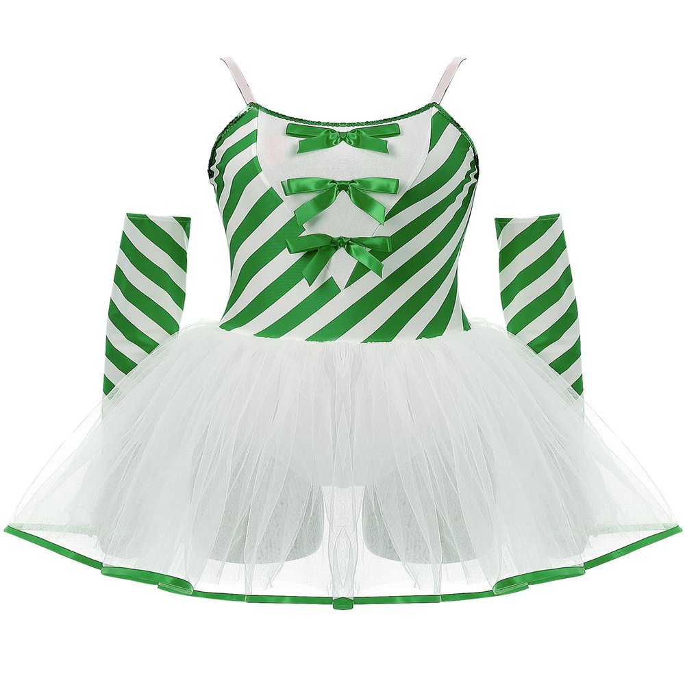 FEESHOW Womens Christmas Candy Cane Costume Spaghetti Straps Bowknot Tutu Dress Leotard Skating Dance Unitard Green X-Large