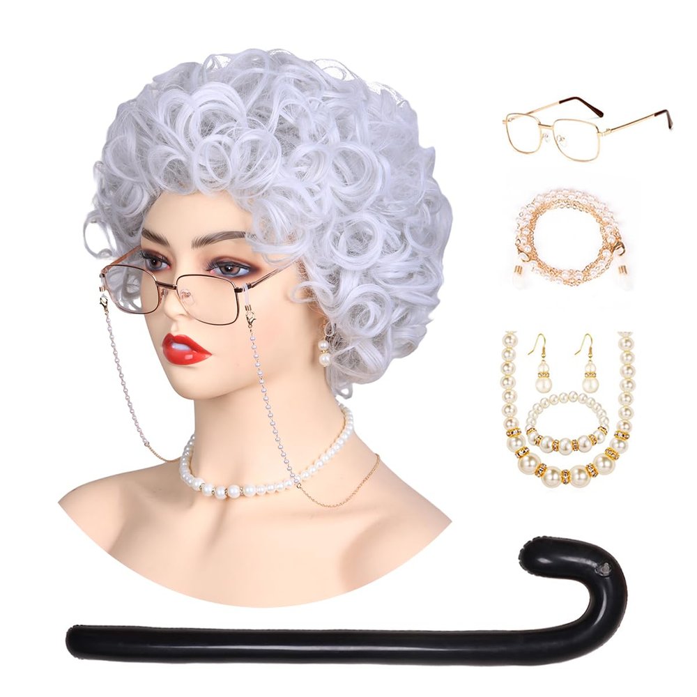 FantaLook Short Curly White Old Lady Cosplay Wig with Glasses EyeGlasses Chain Earrings Necklace Bracelet and Inflatable Crutch for Women Grandma Costume for Halloween