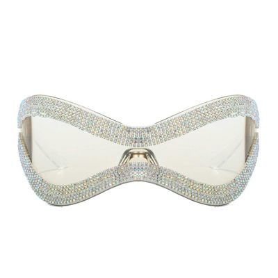 helena Y2K Shield Visor Glasses Rhinestone Oversized Sunglasses Men Diamond Mask Goggles Women Shade UV400 (white)