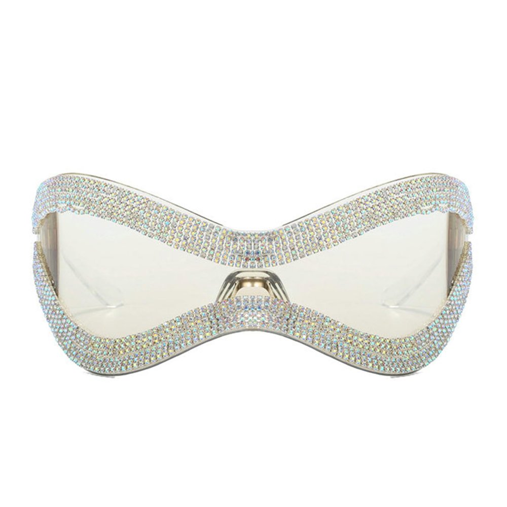 helena Y2K Shield Visor Glasses Rhinestone Oversized Sunglasses Men Diamond Mask Goggles Women Shade UV400 (white)